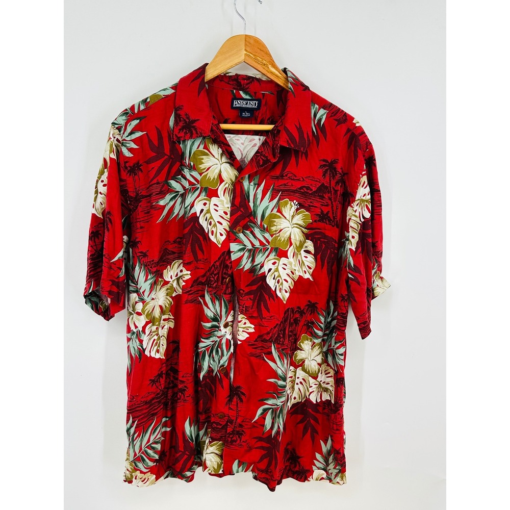 Lands End Mens Hawaiian Shirt Hibiscus Palm Red Floral Cotton Large 16-16.5